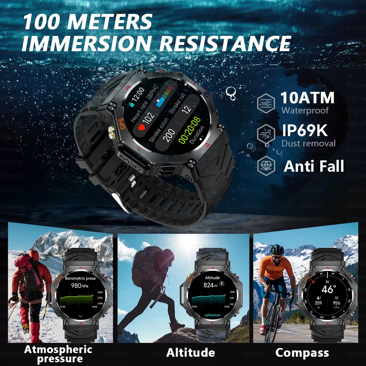 Military-Grade GPS Smart Watch Waterproof IP69K with Compass, Altimeter & Bluetooth Calling