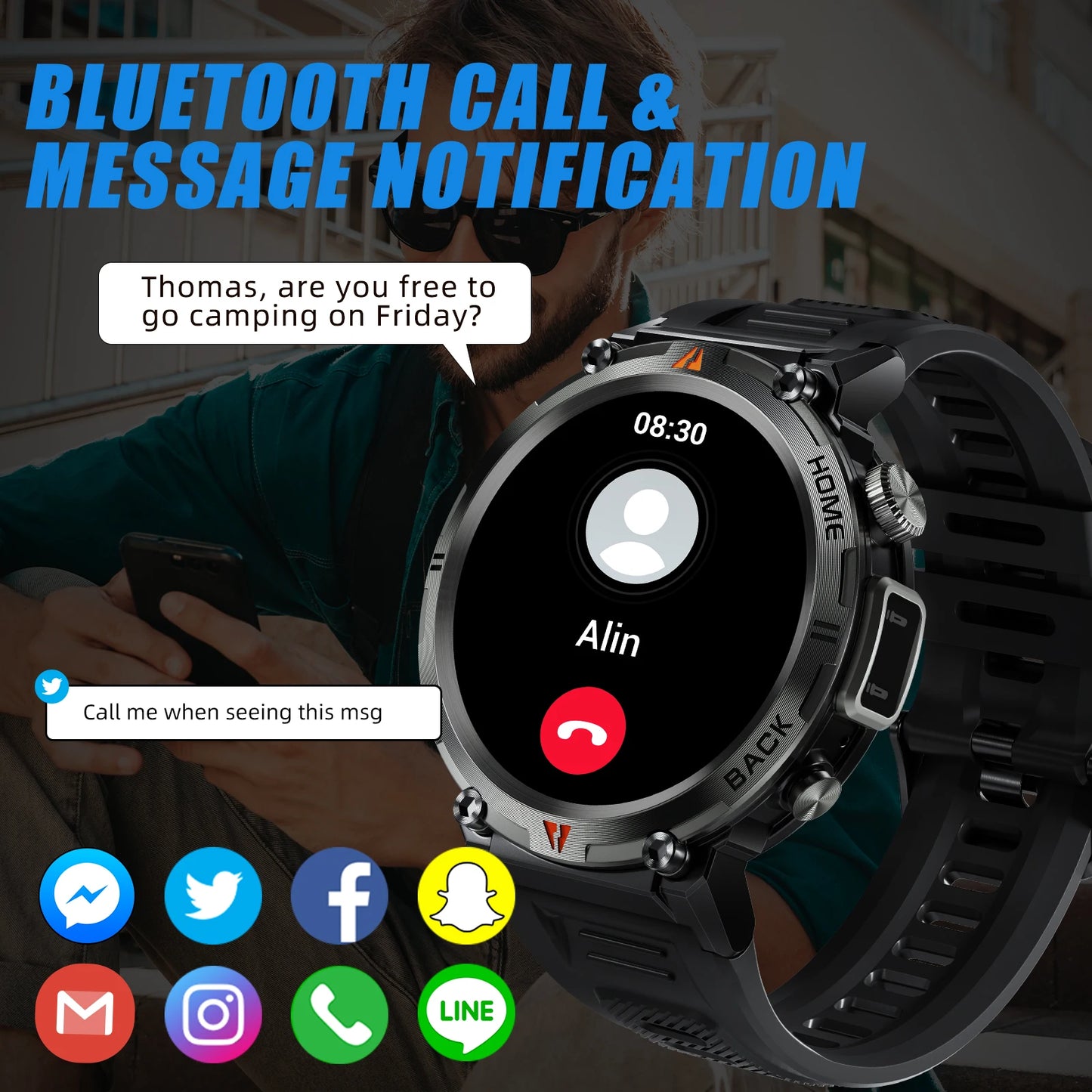 Black Bluetooth Smart Watch Full Touch Screen Health Monitor with Flashlight For iOS Android