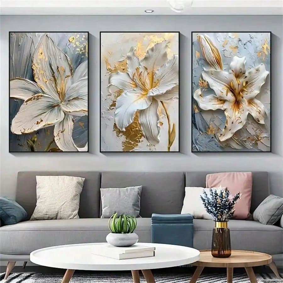 3D Lily Flower Canvas Posters - Gold and White