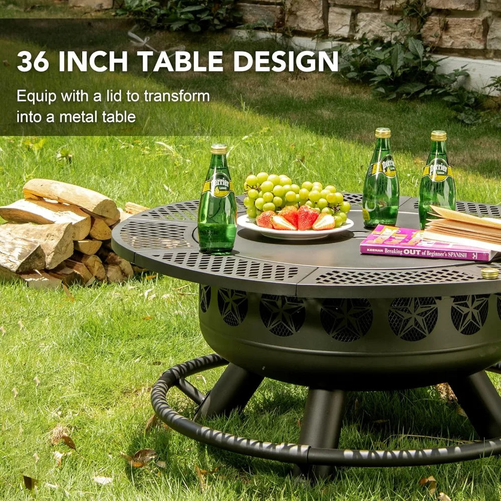36 Inch Fire Pit with Cooking Grill, Outdoor Wood Burning Firepit with Lid