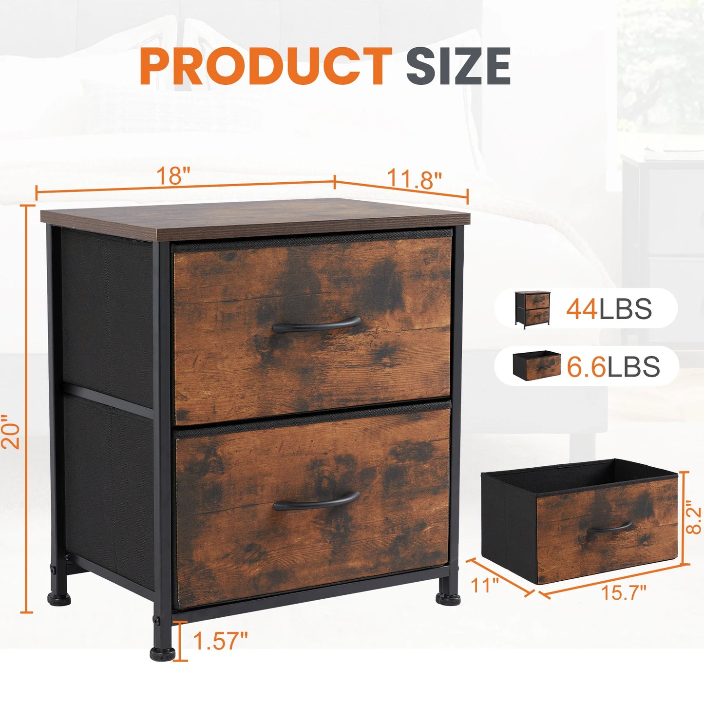 Bedroom Nightstand With 2 Fabric Drawers