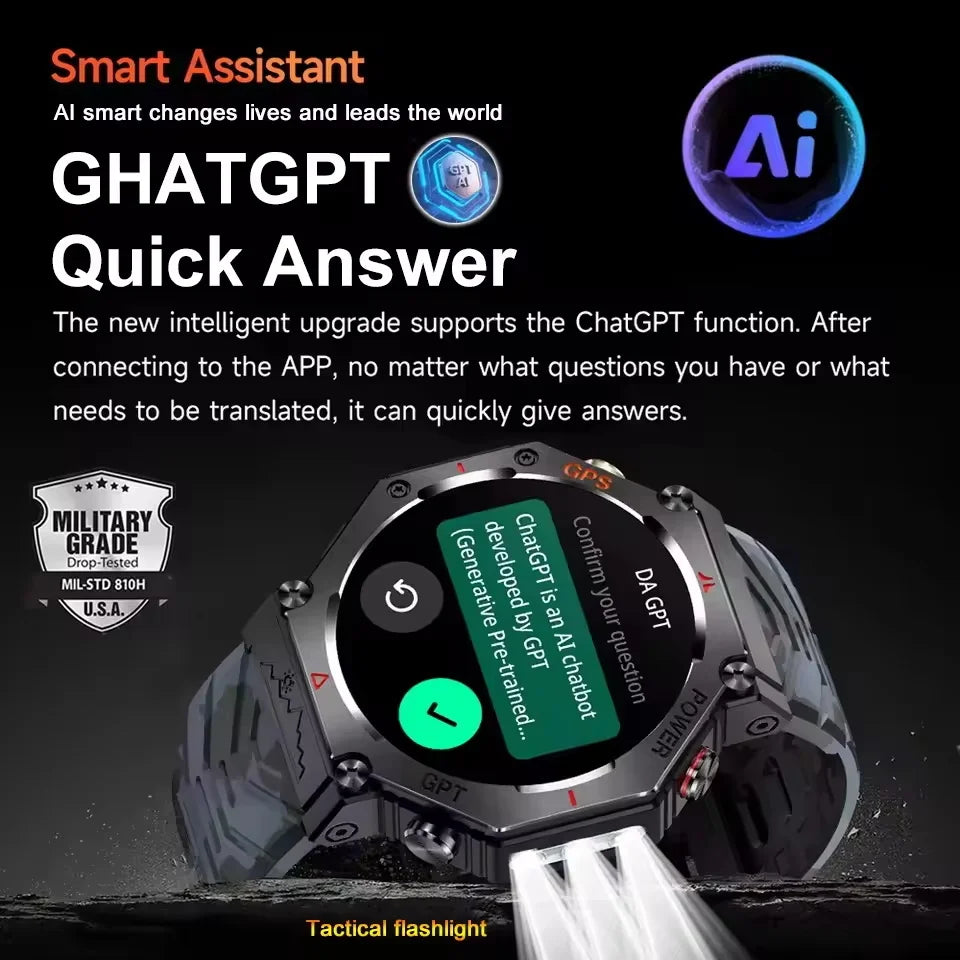 Military-Grade GPS Smart Watch Waterproof IP69K with Compass, Altimeter & Bluetooth Calling
