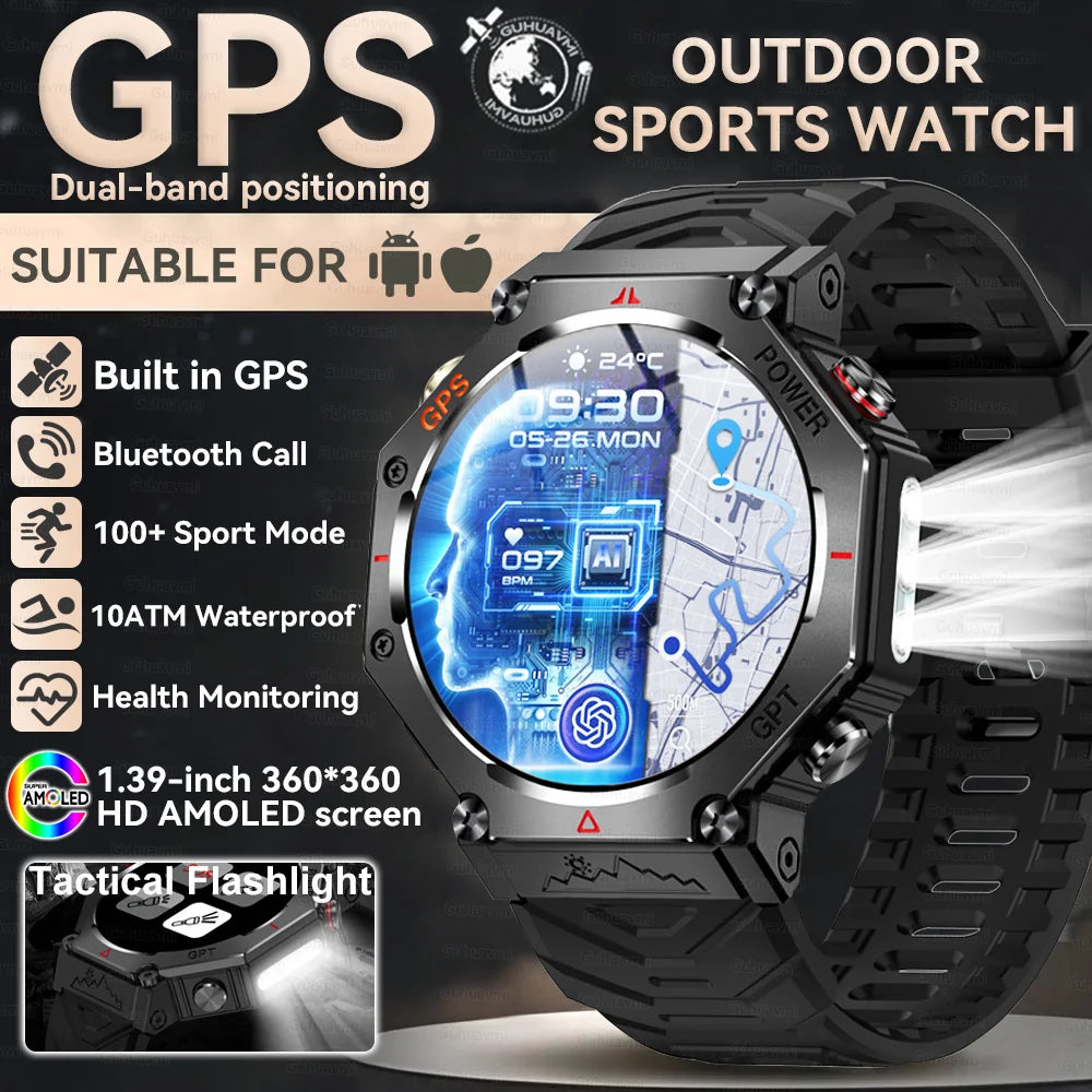 Military-Grade GPS Smart Watch Waterproof IP69K with Compass, Altimeter & Bluetooth Calling