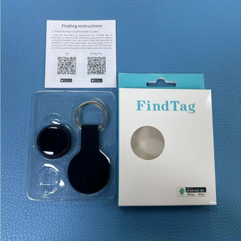 FindTag device with packaging and QR code instructions on a blue background