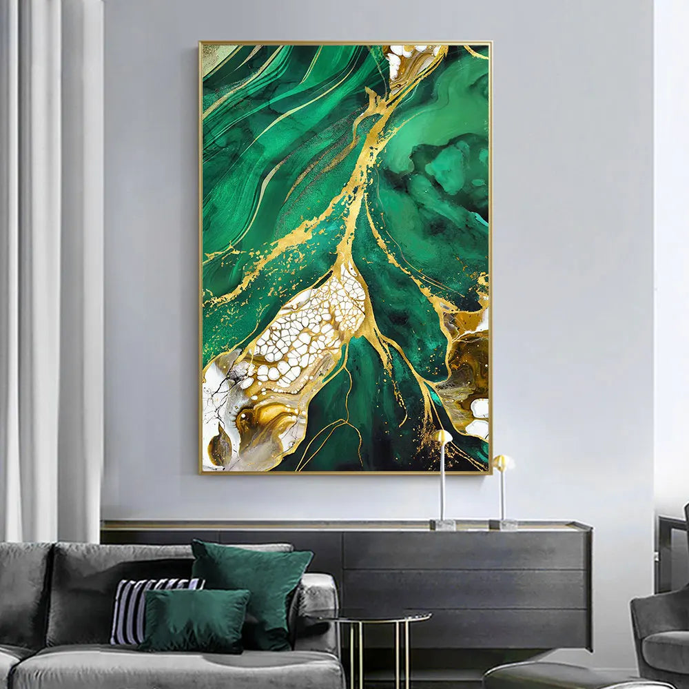 Golden Leaves Canvas Painting Abstract Green Marble