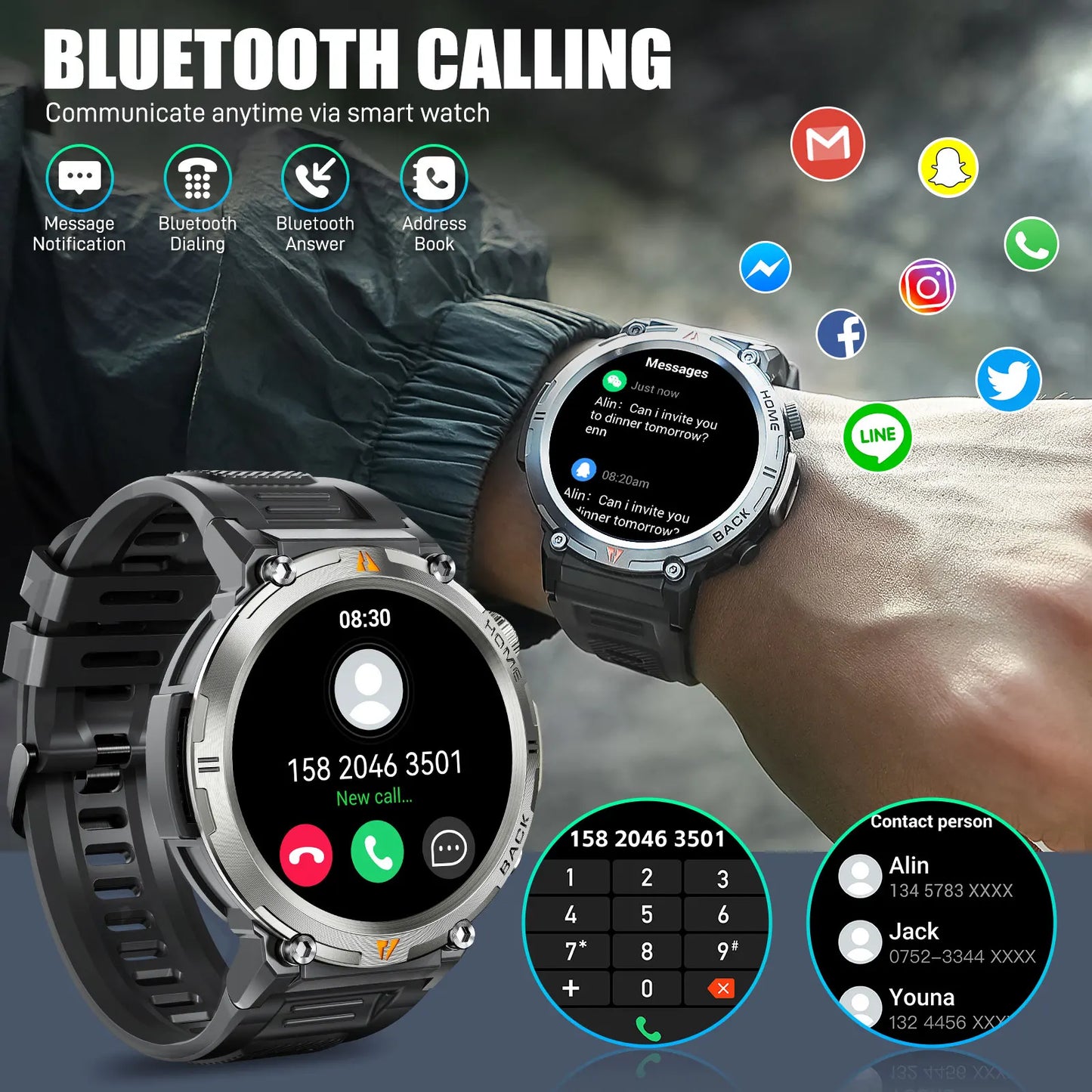 Black Bluetooth Smart Watch Full Touch Screen Health Monitor with Flashlight For iOS Android