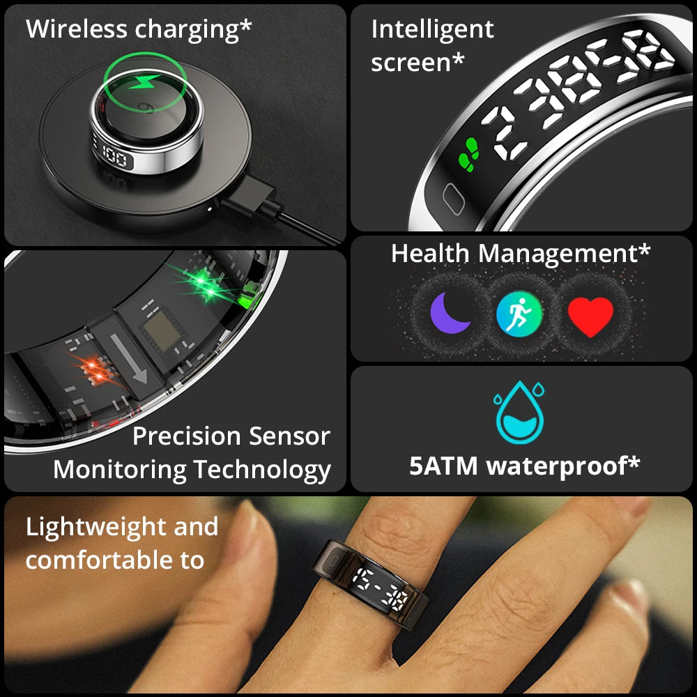 Smart Ring with Display Screen - Health Tracking Ring with Wireless Charging & Touch Control