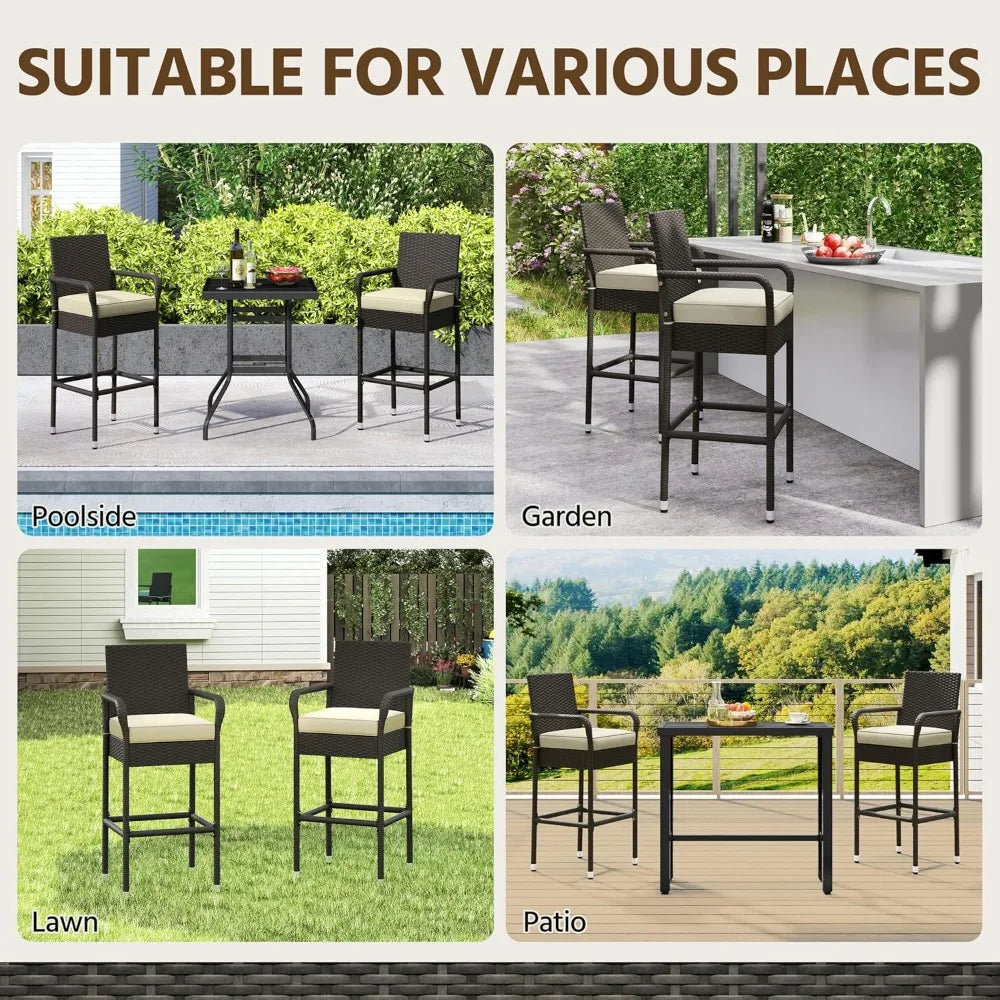 Outdoor bar stool 2-piece set, terrace wicker chair with armrests and footrests