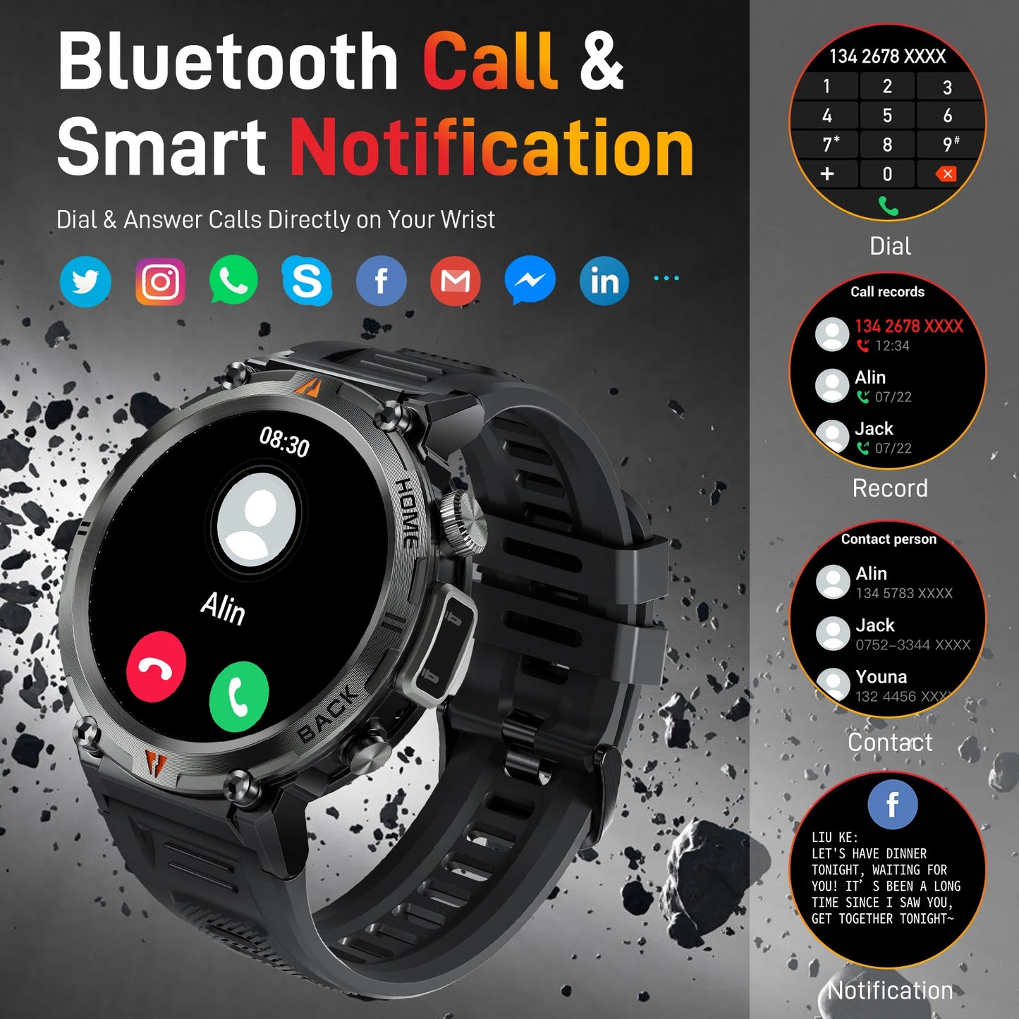 Black Bluetooth Smart Watch Full Touch Screen Health Monitor with Flashlight For iOS Android