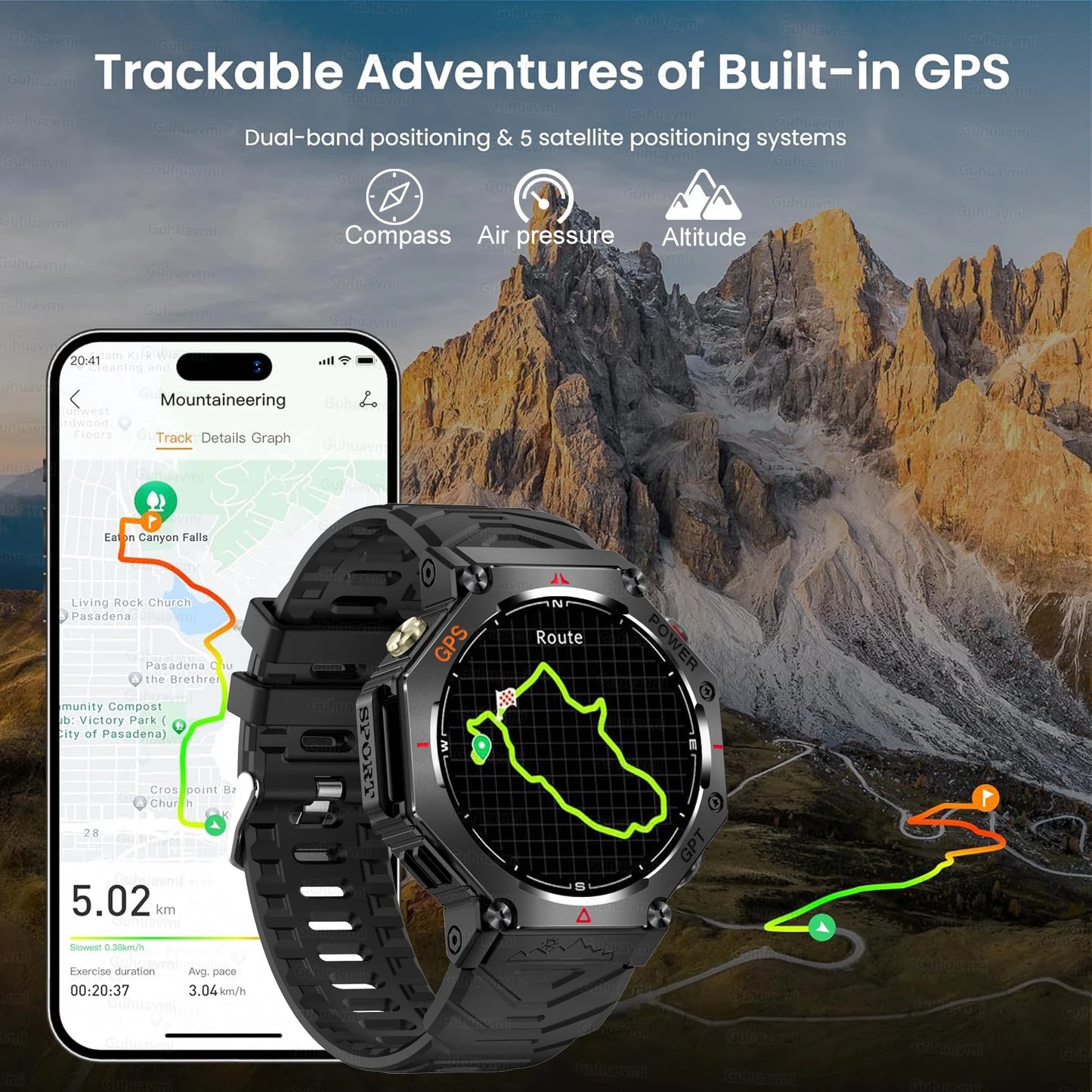 Military-Grade GPS Smart Watch Waterproof IP69K with Compass, Altimeter & Bluetooth Calling
