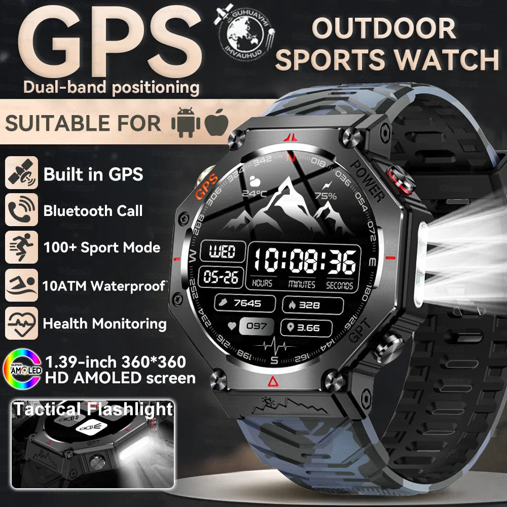 Military-Grade GPS Smart Watch Waterproof IP69K with Compass, Altimeter & Bluetooth Calling