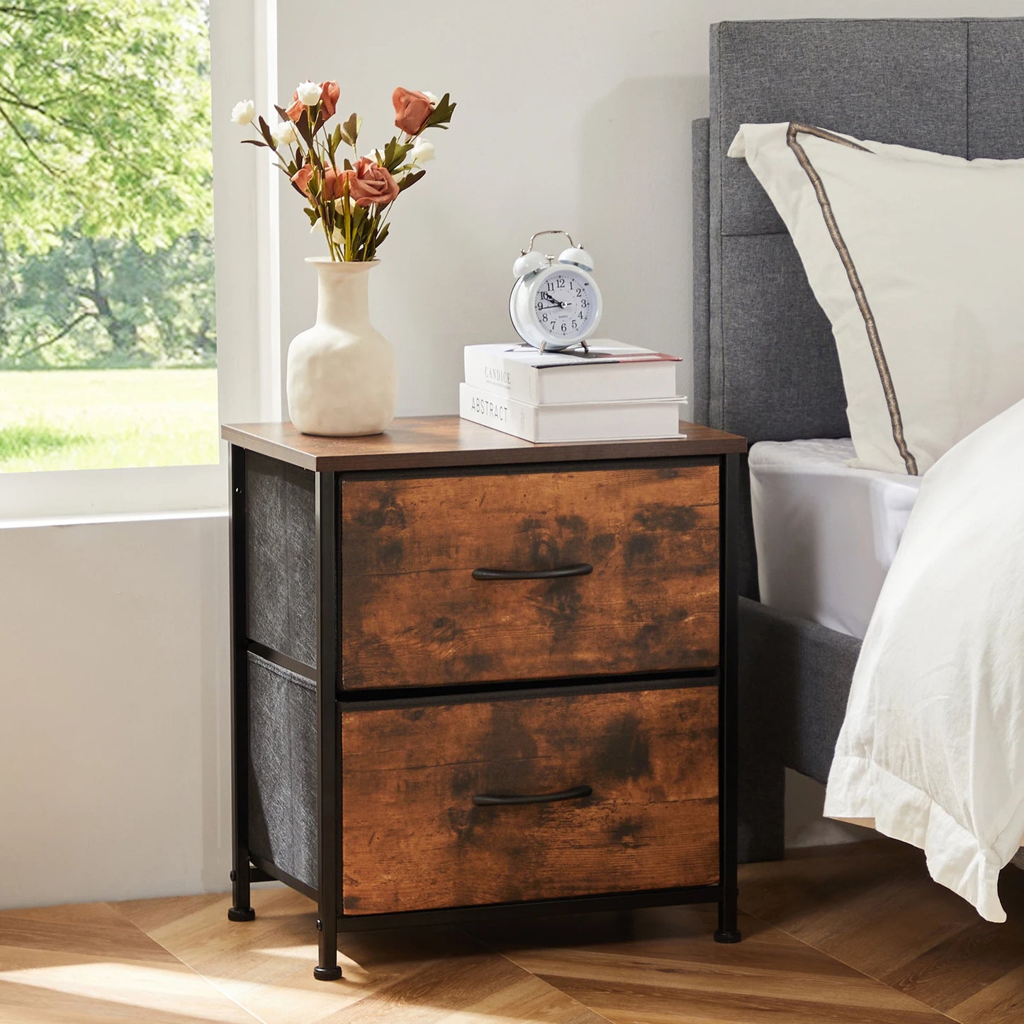 Bedroom Nightstand With 2 Fabric Drawers