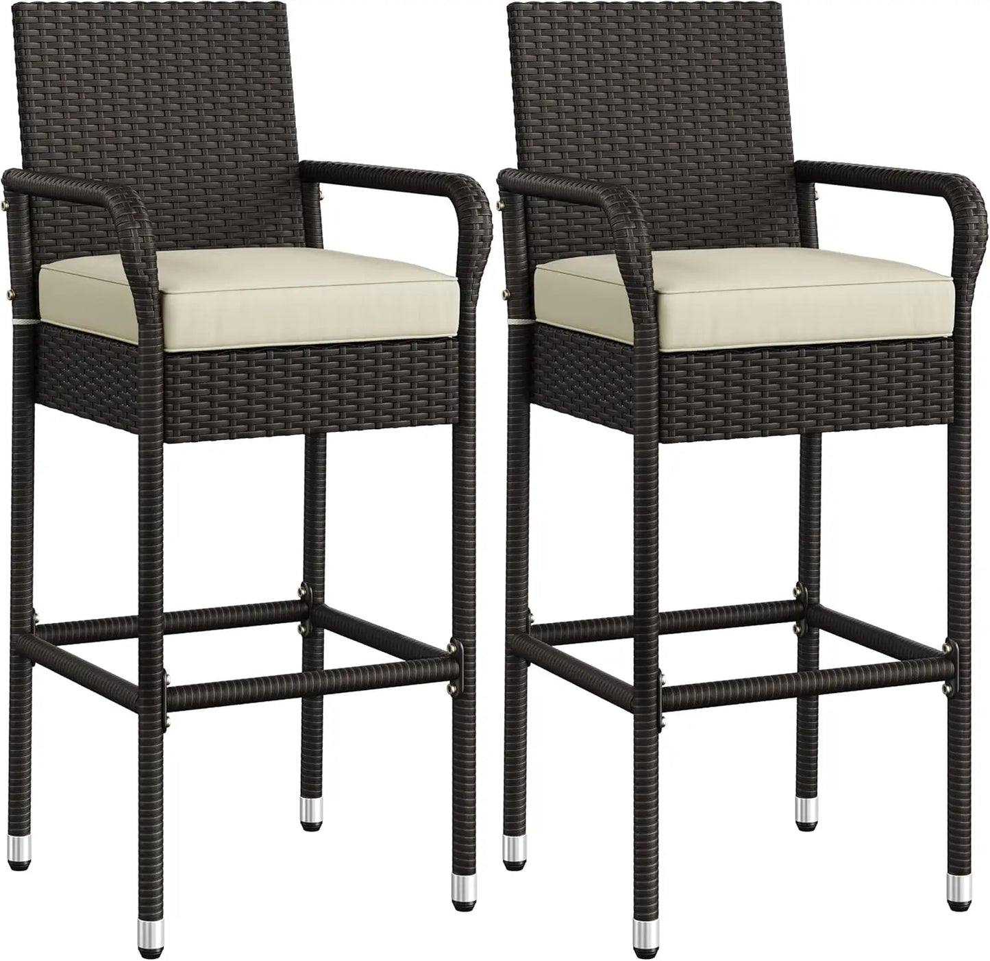 Outdoor bar stool 2-piece set, terrace wicker chair with armrests and footrests