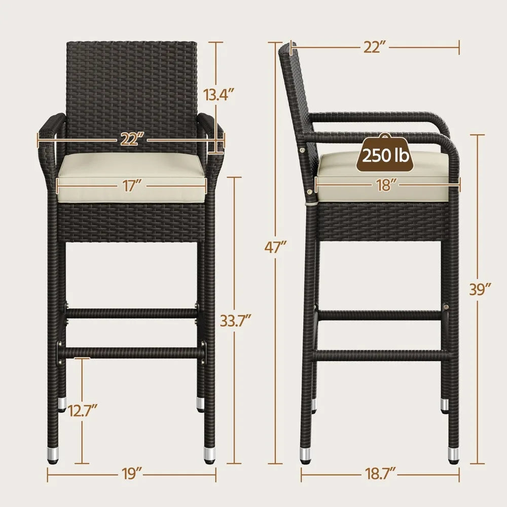 Outdoor bar stool 2-piece set, terrace wicker chair with armrests and footrests