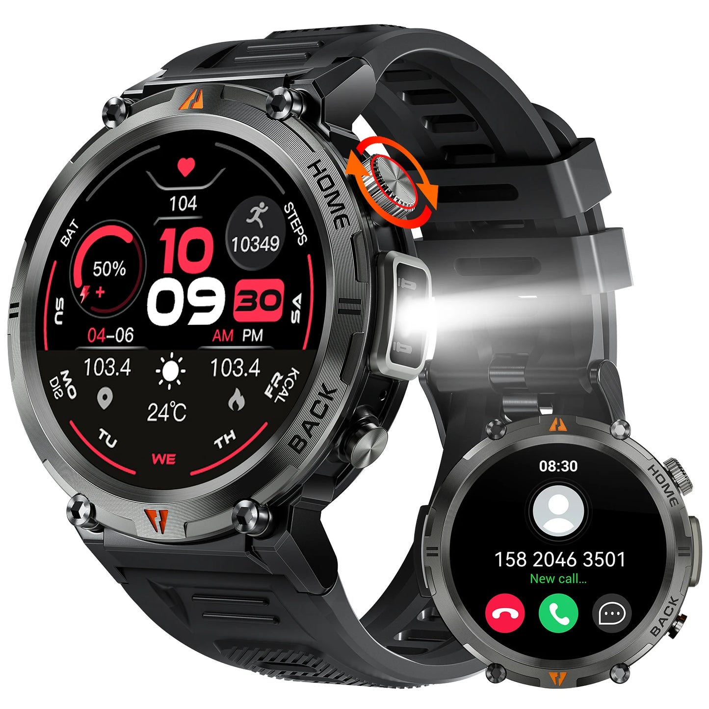 Black Bluetooth Smart Watch Full Touch Screen Health Monitor with Flashlight For iOS Android