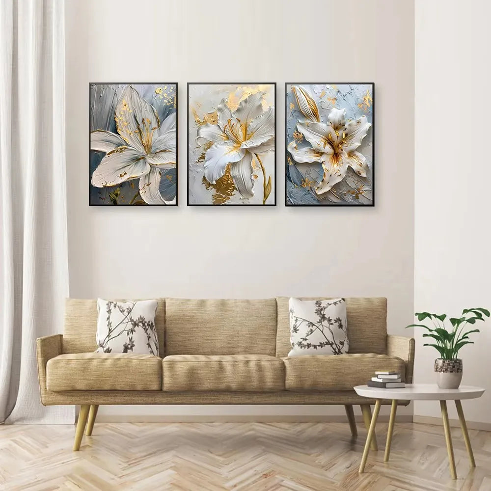 3D Lily Flower Canvas Posters - Gold and White