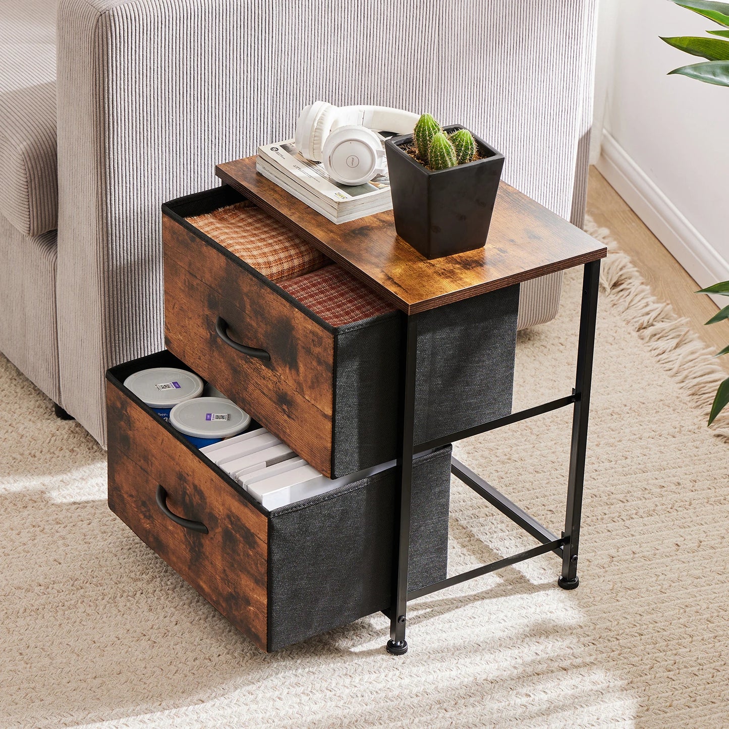 Bedroom Nightstand With 2 Fabric Drawers