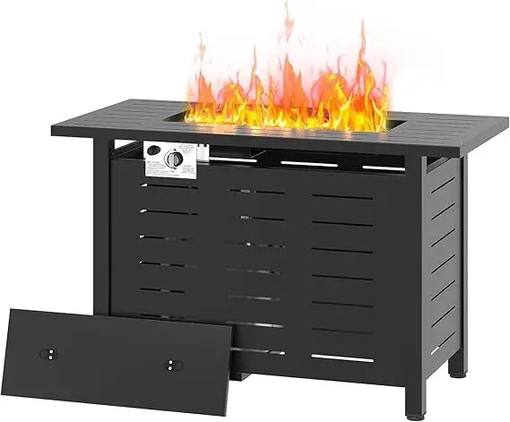Black fire pit table with flames on a white background