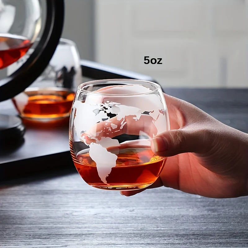 Globe Whiskey Decanter Set Lead-Free Crystal Carafe with Wooden Stand & 2 Glasses