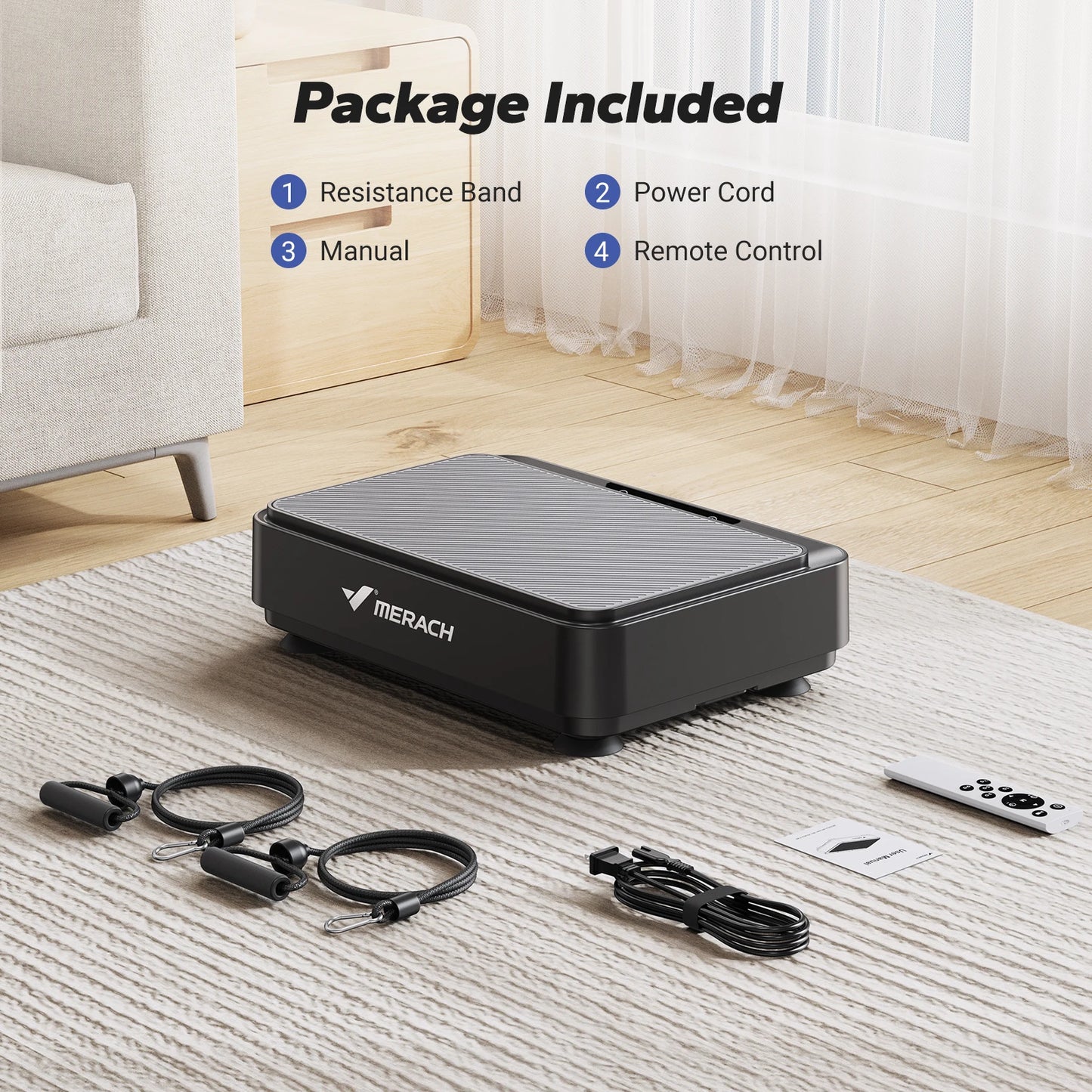 Black exercise device with resistance band, power cord, and remote control on a rug in a living room.