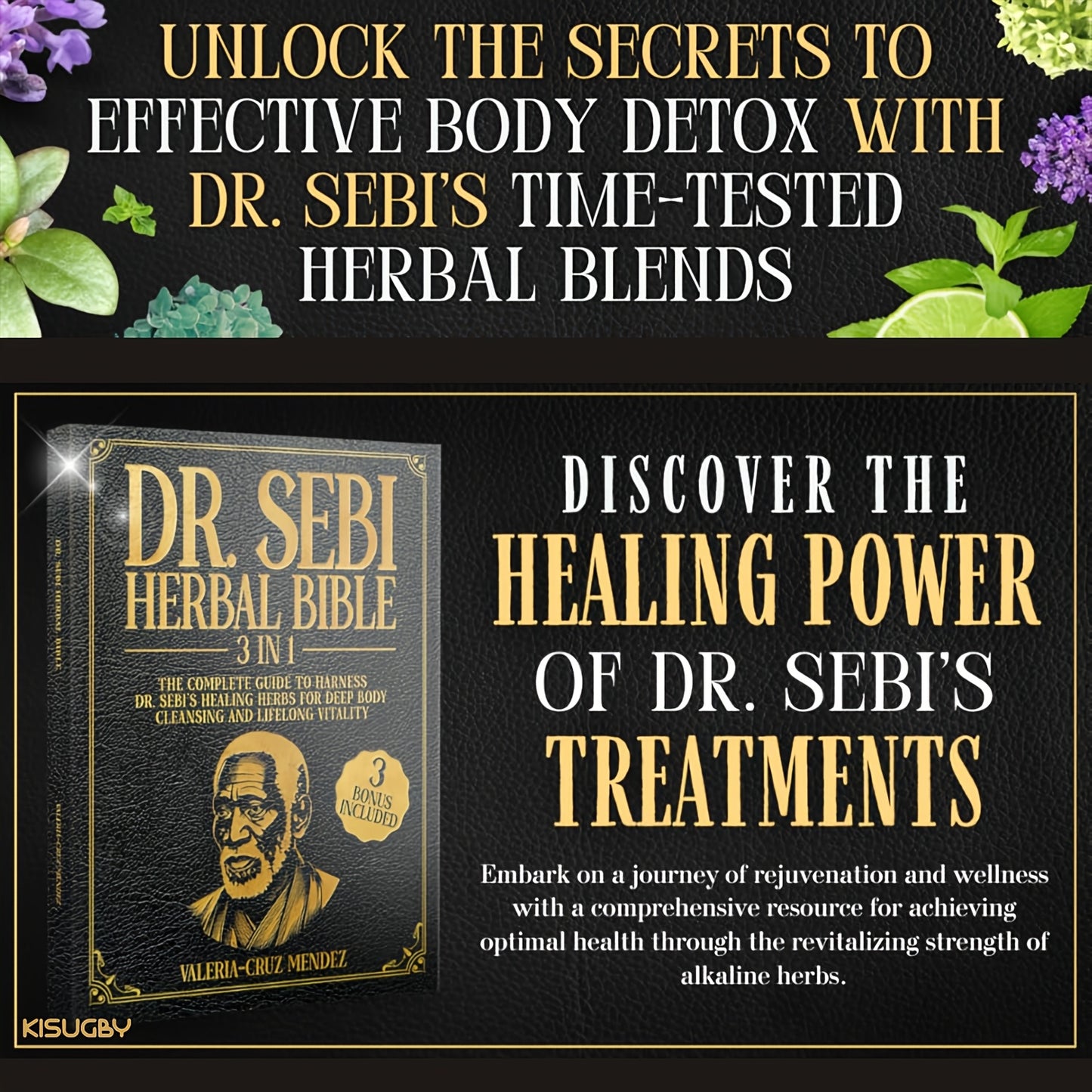 Advertisement for Dr. Sebi's Herbal Bible with text about effective body detox and healing power.
