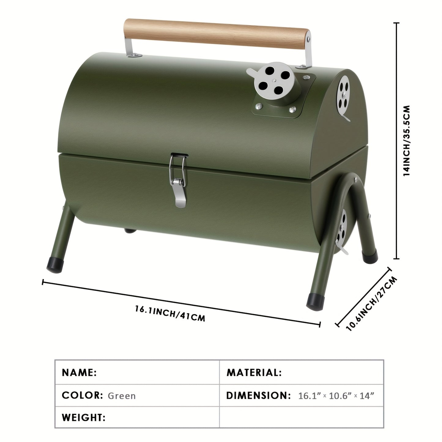Compact Portable Charcoal Grill Black Stainless-Steel Smoker with Wooden Handles, Camping
