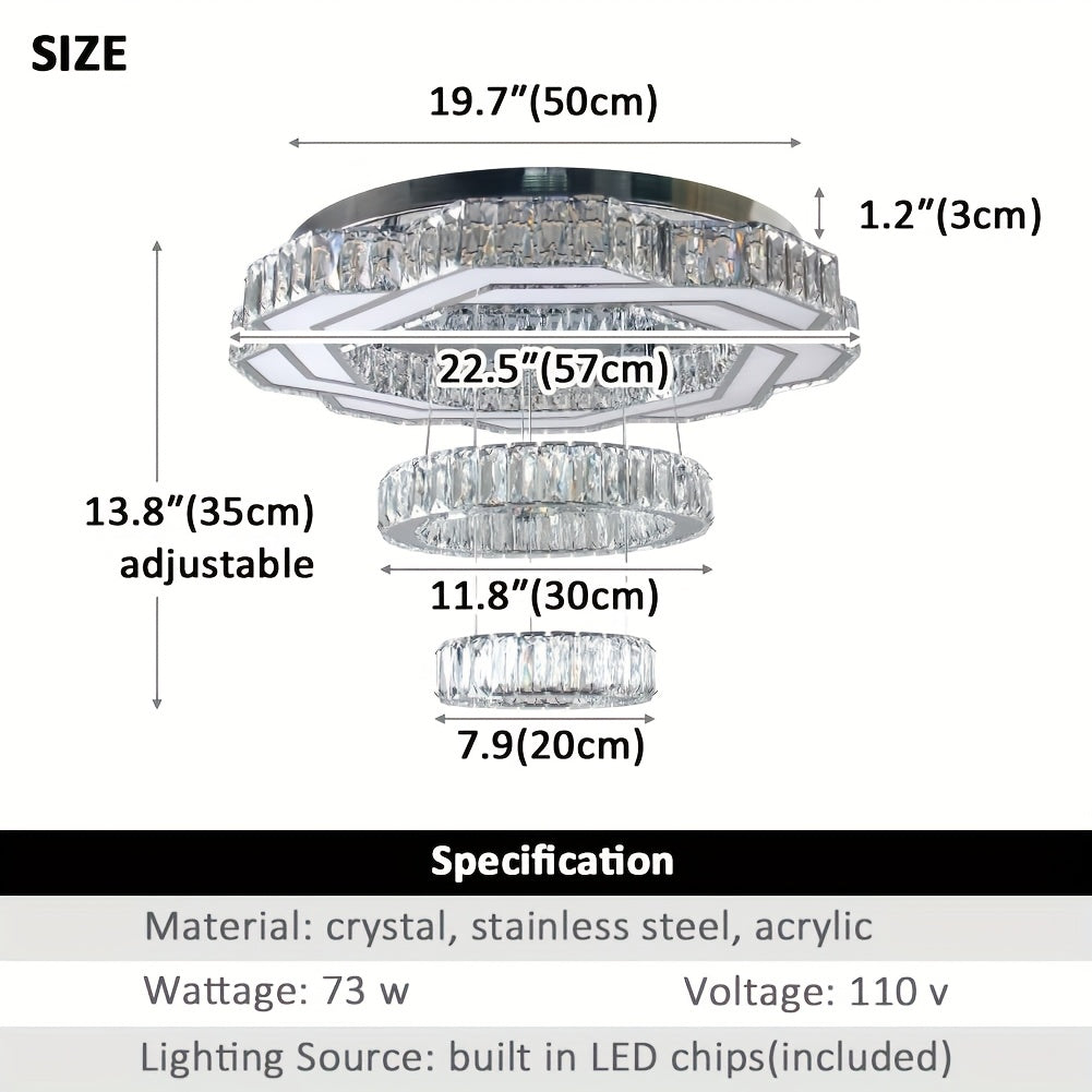 Dimmable Flush Mount Crystal Chandelier 22.5" LED Round Pendant Light