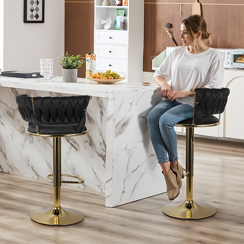 Modern Swivel Velvet Bar Stools - 360° Adjustable Height with Golden Metal Base