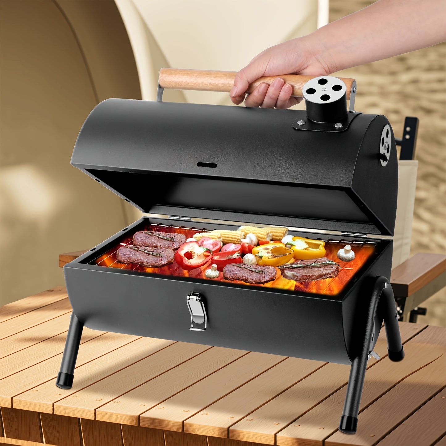 Compact Portable Charcoal Grill Black Stainless-Steel Smoker with Wooden Handles, Camping