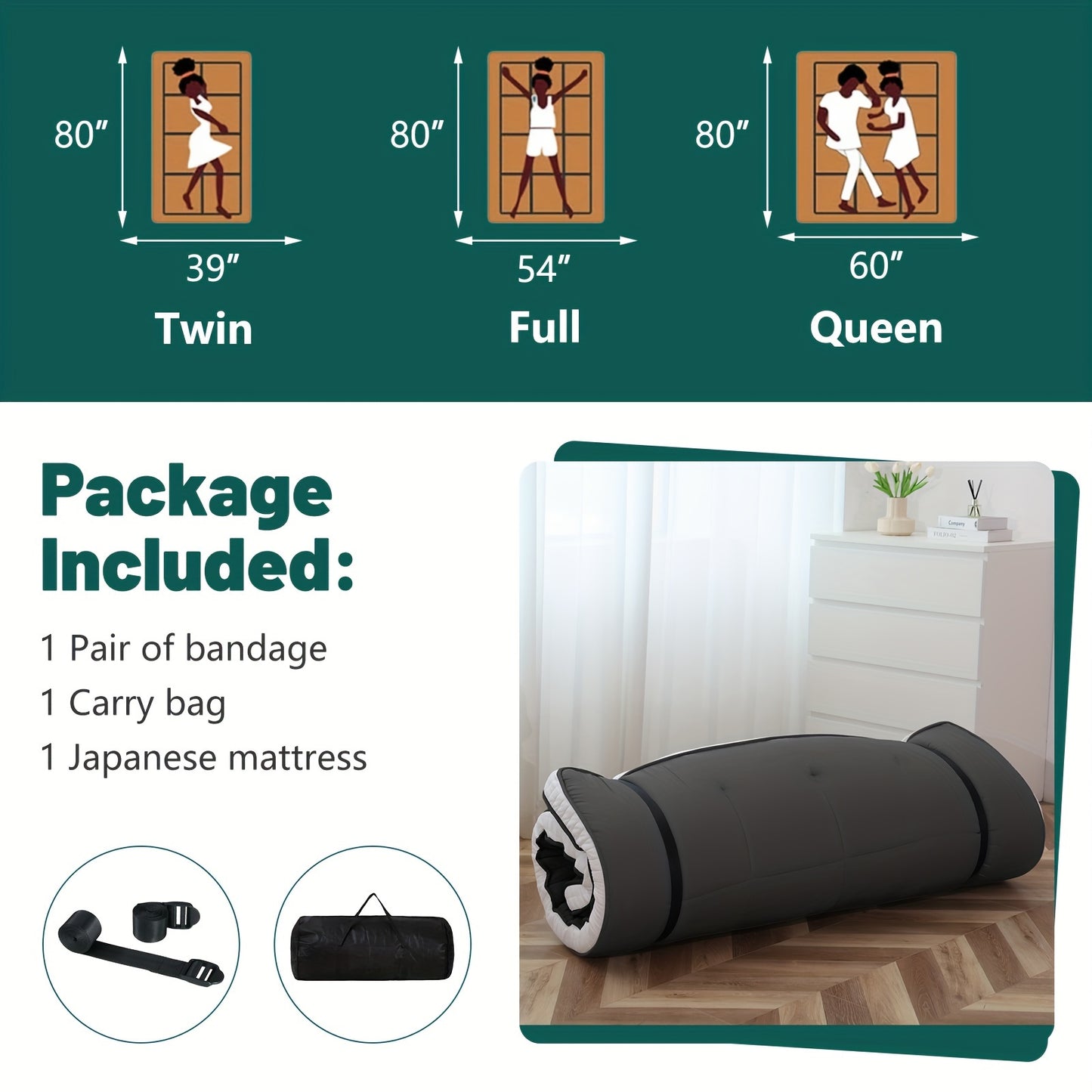 Measurement chart for mattress sizes with a Japanese mattress and accessories on a wooden floor.