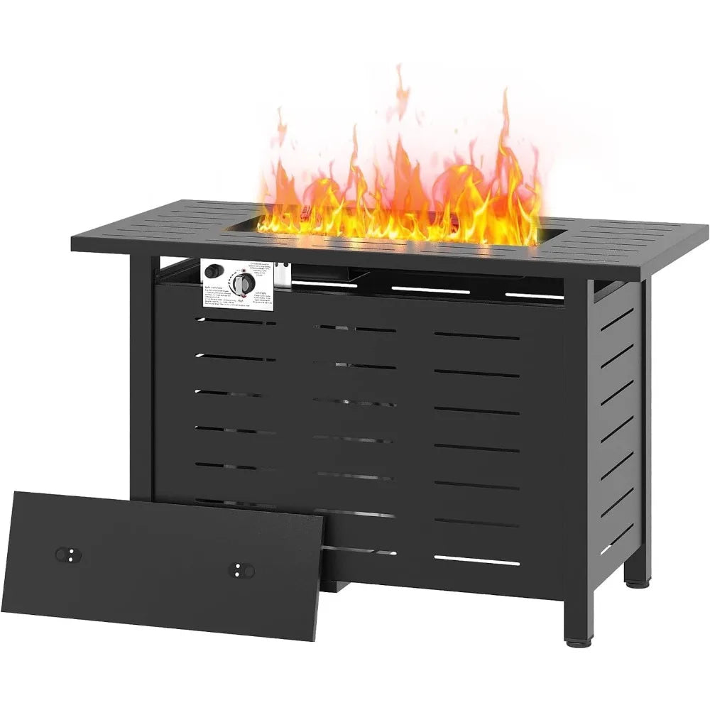 Black metal fire pit table with flames on a white background