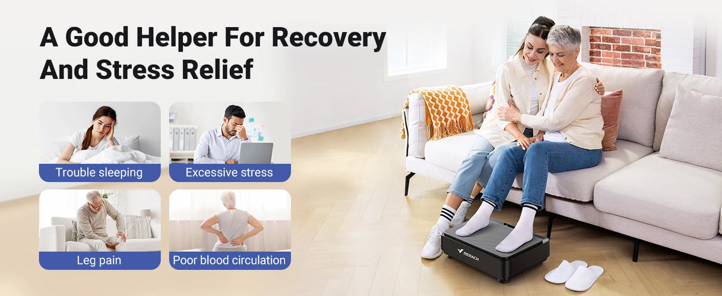 Woman using a vibration machine recovery and stress relief benefits.