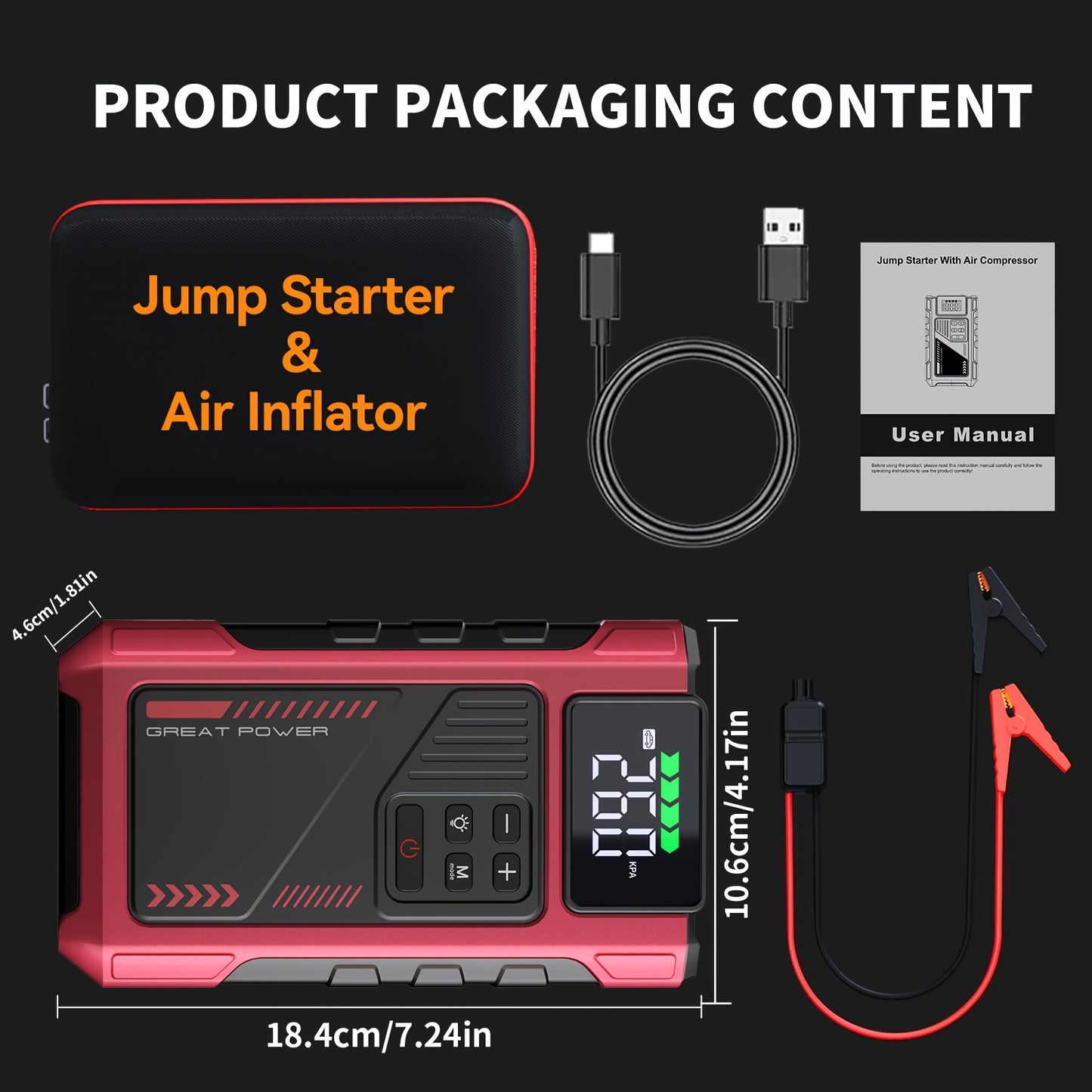 Portable Car Jump Starter with Air Compressor - 150 PSI Tire Inflator