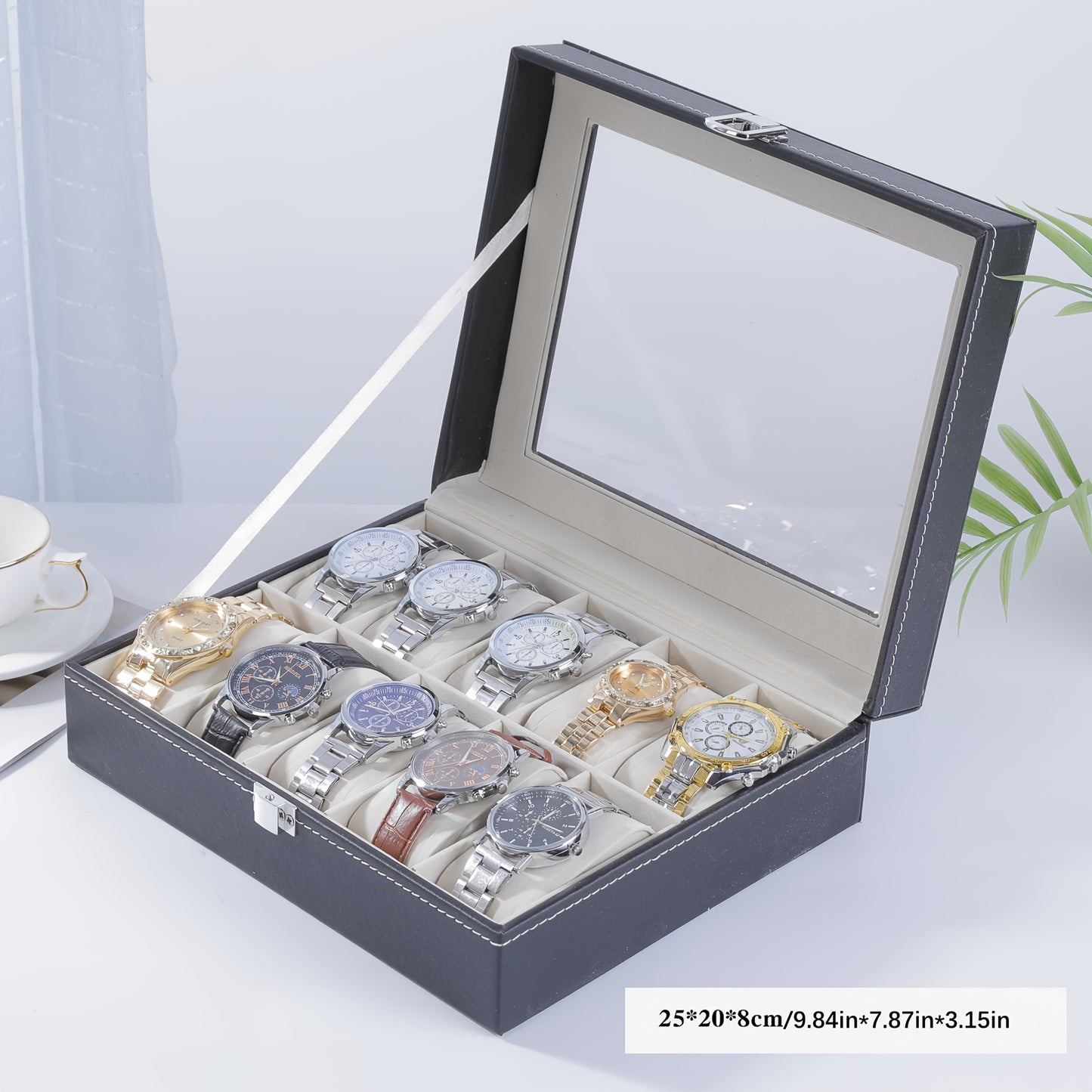 Watch Box 10/12 Slot - Glass Lid Display Case with Removable Pillows