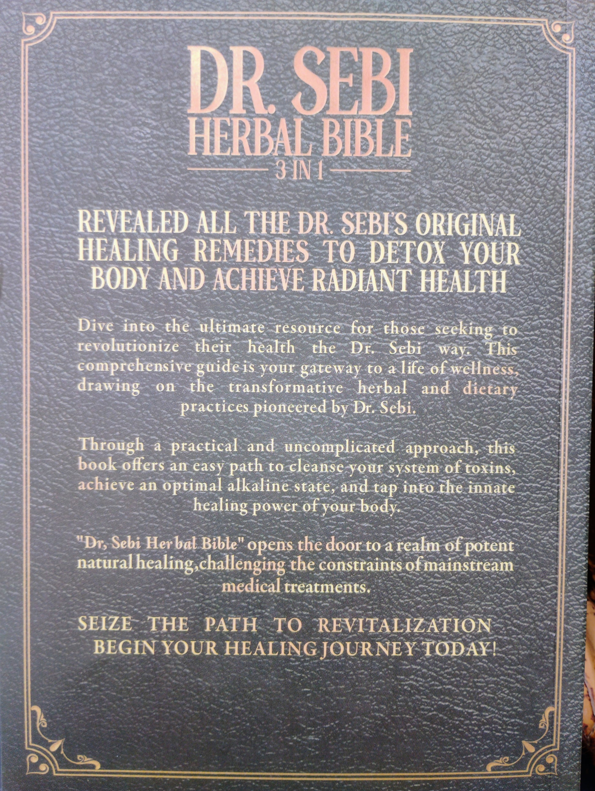 Cover of 'Dr. Sebi Herbal Bible' with text about detox and radiant health.