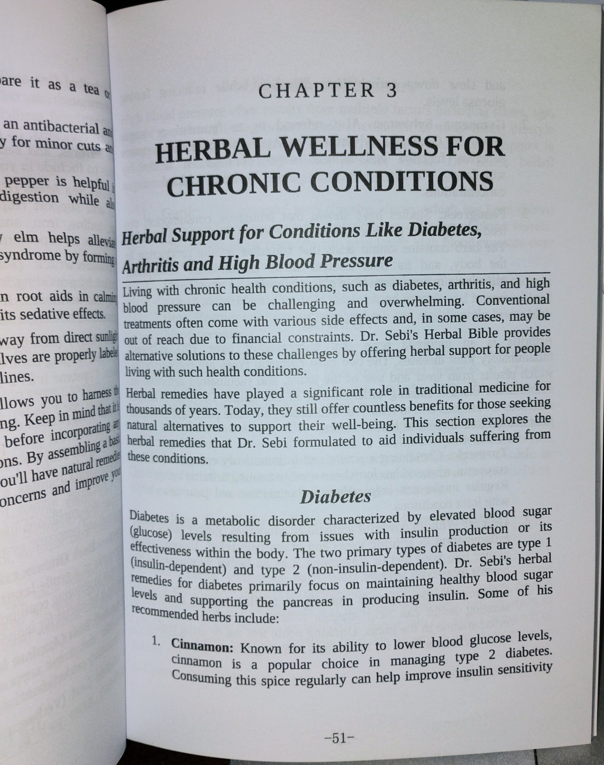 Book open to a page titled 'Herbal Wellness for Chronic Conditions' with text on herbal remedies.