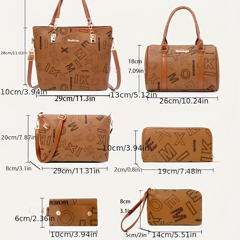 6-Piece Women's Bag Set - Retro Letter Print Handbag Collection