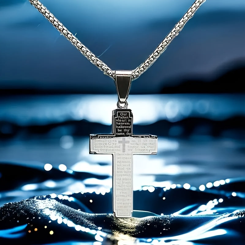 Vintage Cross Necklace Stainless Steel with Scripture Engraving