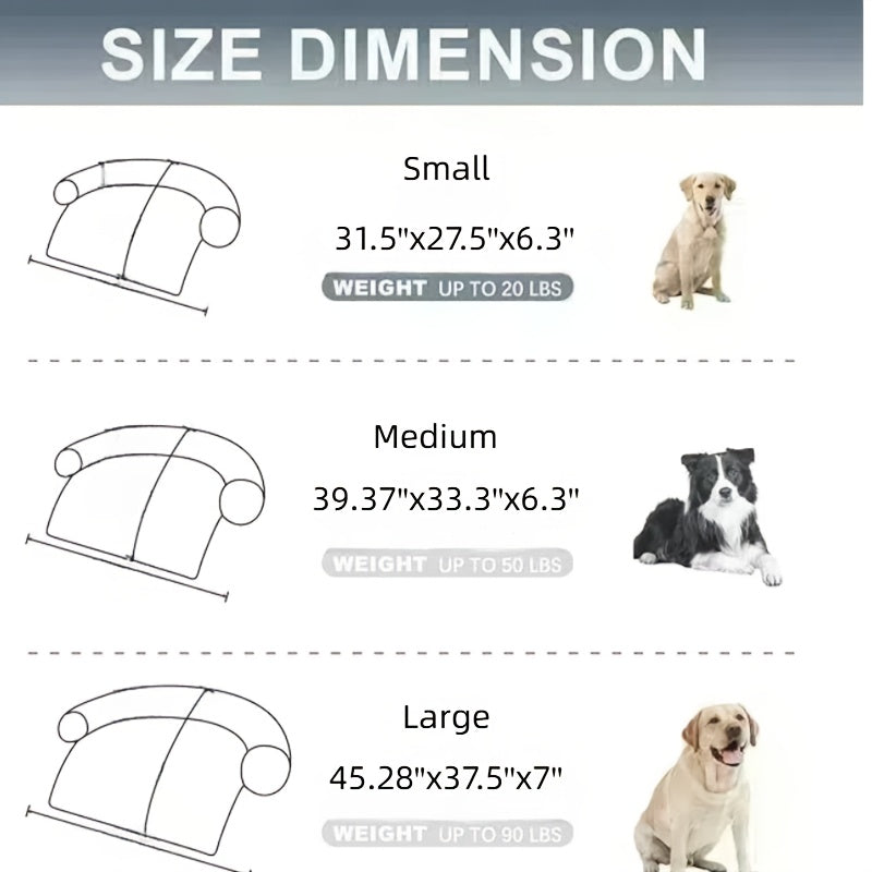 Size dimension chart for pet beds with illustrations of dogs and dimensions.