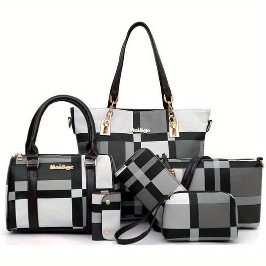 6-Piece Women's Handbag Set - Leather Tote Shoulder Crossbody Bags with Wallet