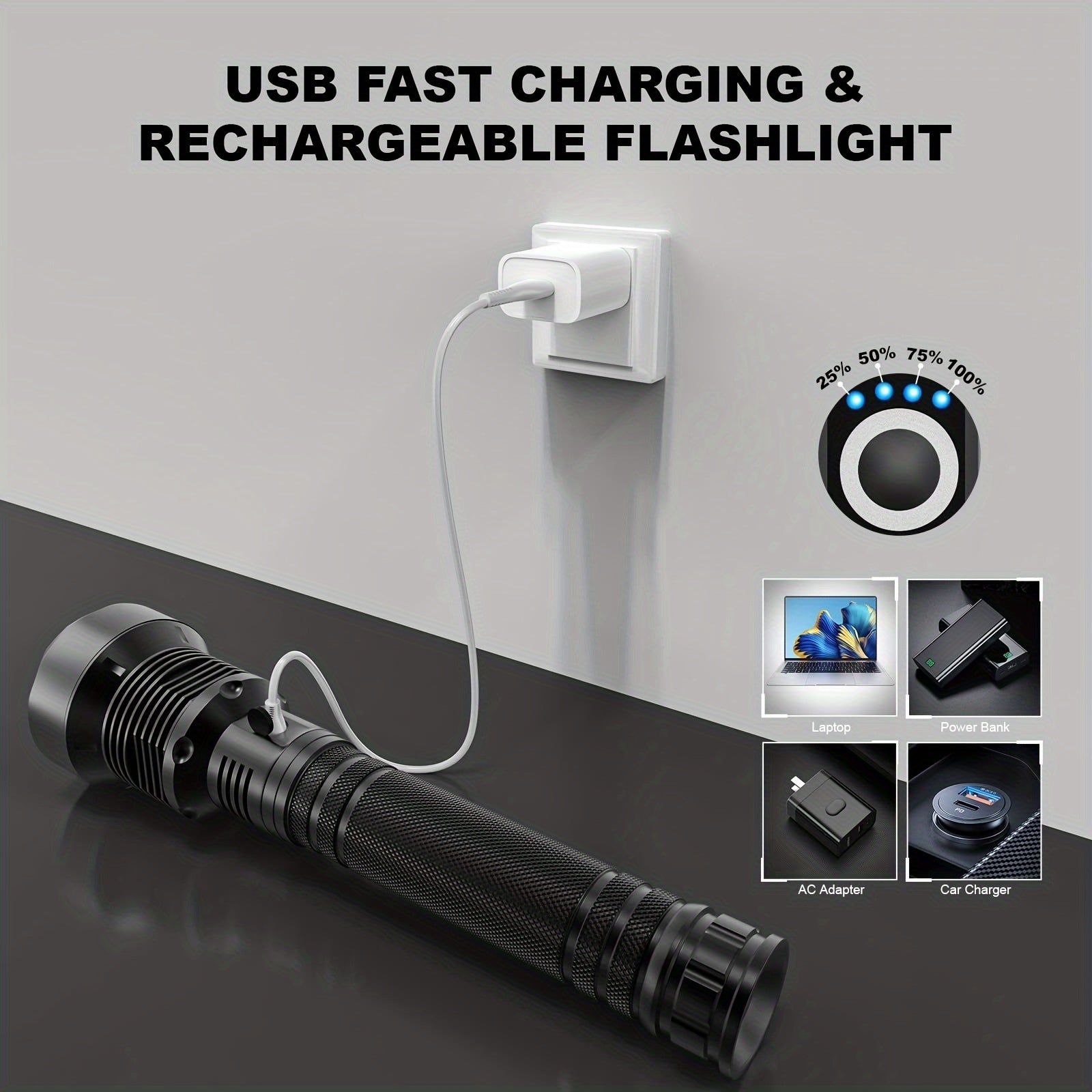 Rechargeable flashlight with USB charging cable, AC adapter, and car charger on a gray background.