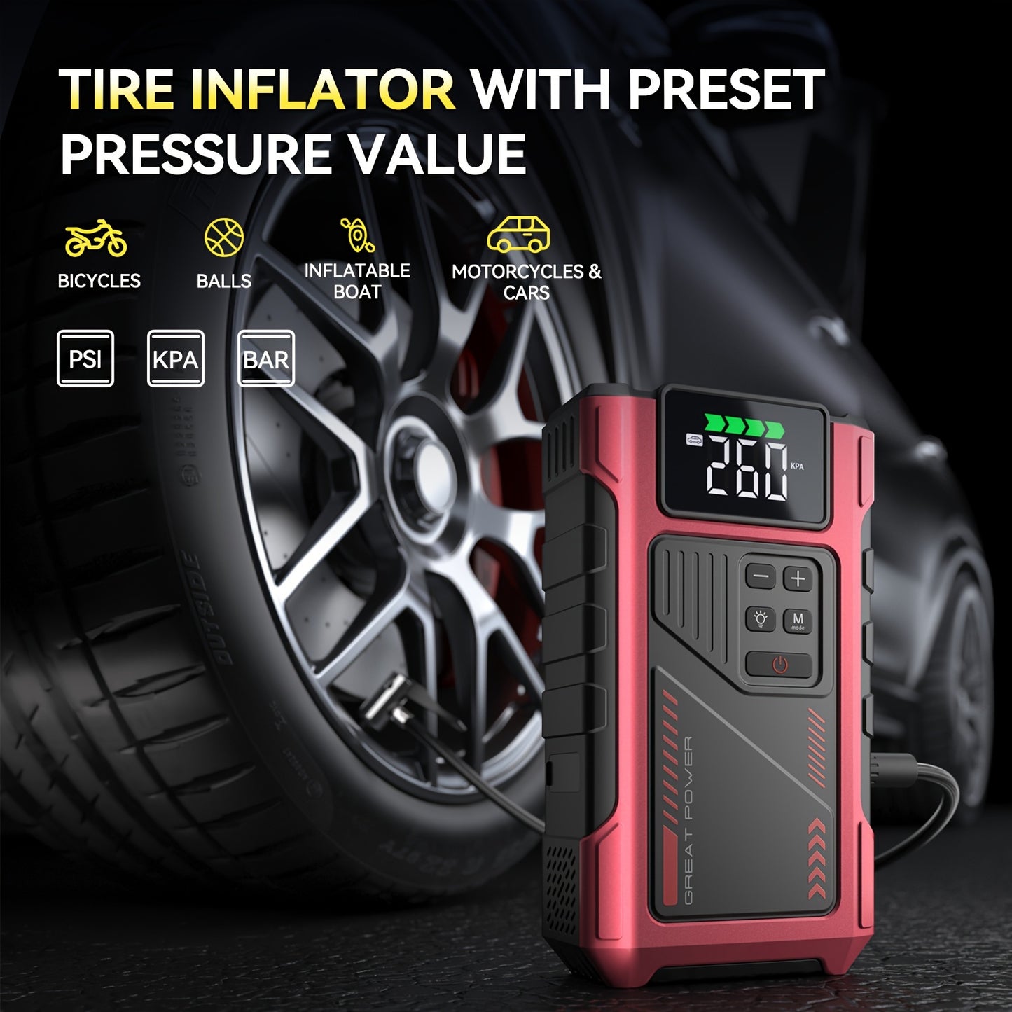 Portable Car Jump Starter with Air Compressor - 150 PSI Tire Inflator