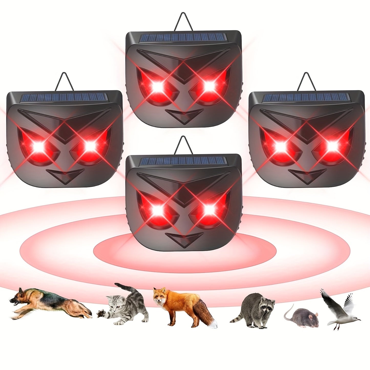 Four solar-powered animal deterrent devices with red lights and a white background.