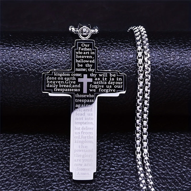 Vintage Cross Necklace Stainless Steel with Scripture Engraving