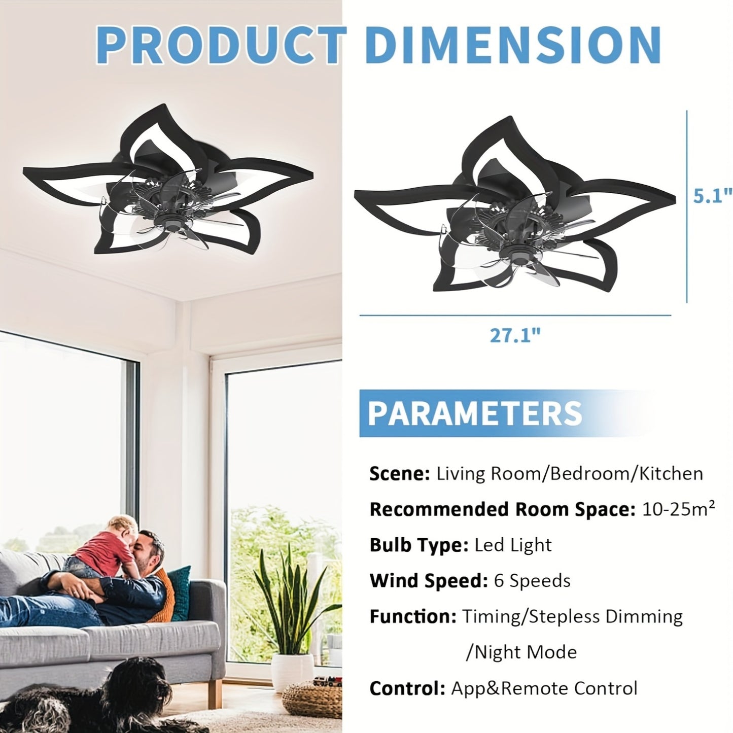 27" Low Profile Ceiling Fan with Light | 6 Speeds, 3 Color Dimmable Remote & App