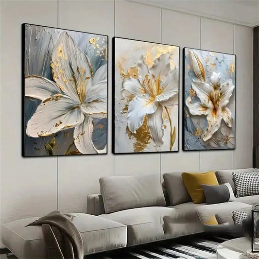 3D Lily Flower Canvas Posters - Gold and White