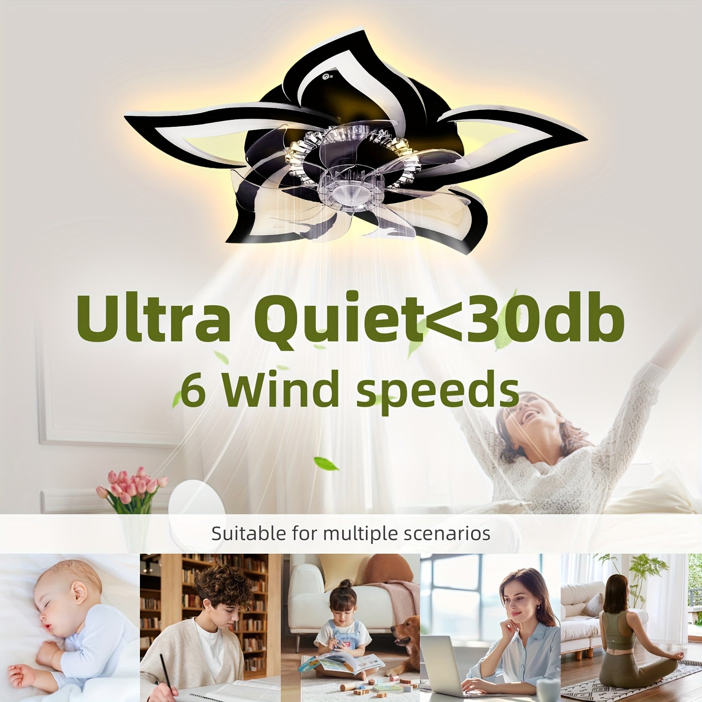 27" Low Profile Ceiling Fan with Light | 6 Speeds, 3 Color Dimmable Remote & App