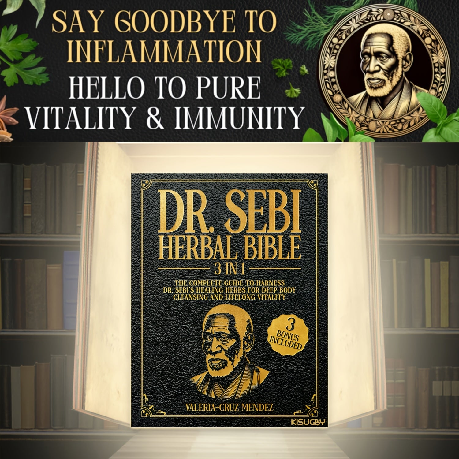 Dr. Sebi Herbal Bible book with a light shining on it, surrounded by greenery and text about inflammation and immunity.