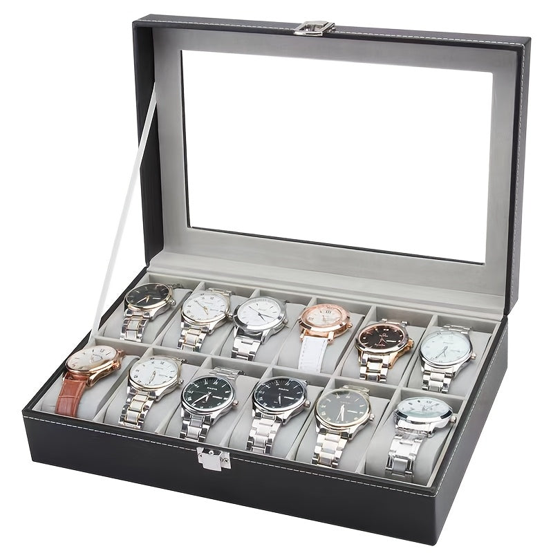 Watch Box 10/12 Slot - Glass Lid Display Case with Removable Pillows