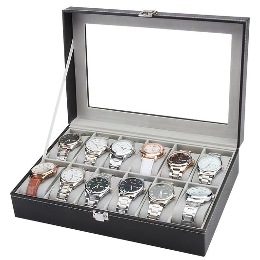 Watch Box 10/12 Slot - Glass Lid Display Case with Removable Pillows